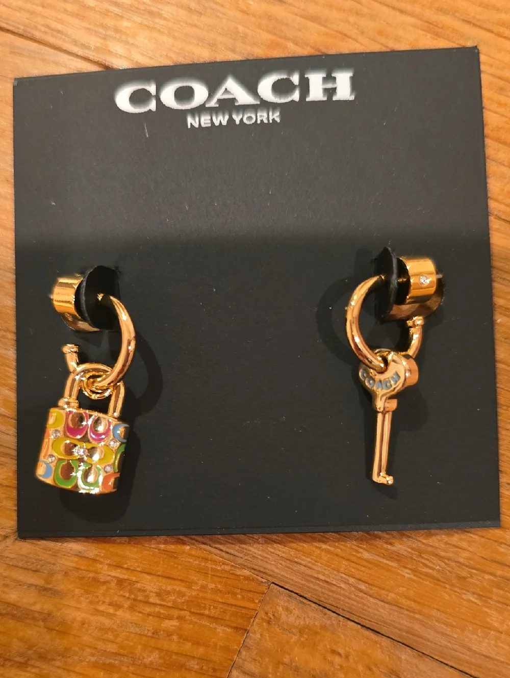 Coach Gold-Tone Key & Padlock Charm Earrings with Multicolor Enamel & Dustbag - Picture 2 of 5